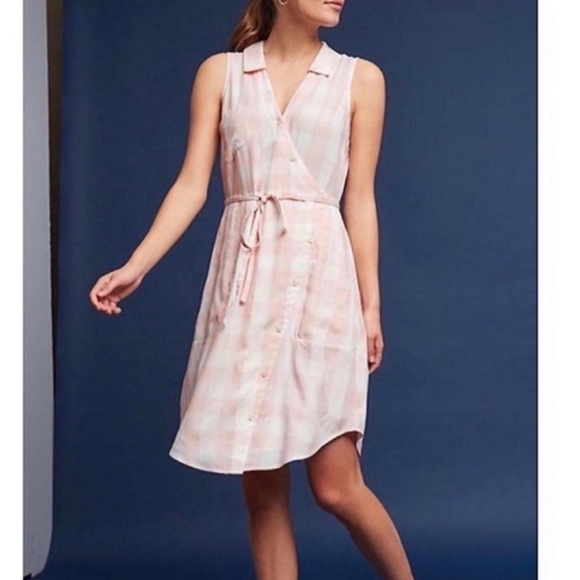Anthropologie 11•1•tylho pink white plaid faux wrap dress M - Picture 1 of 6